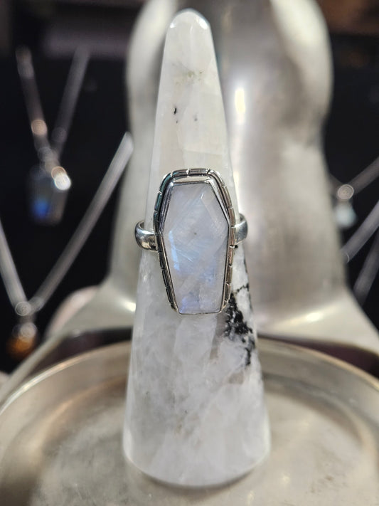 Moonstone Silver Coffin Ring 7